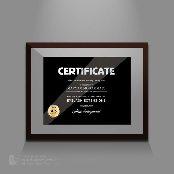 طراحی سرتیفیکیت کاشت مژه و اکستنشن آلتا سلیمانی
