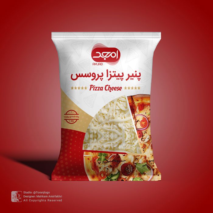 طراحی بسته بندی پنیر پیتزا امجد